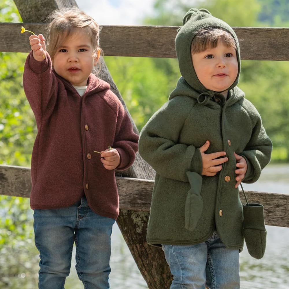 Kids Thermal Jacket Cardigan with Hood, Organic Merino Wool Fleece