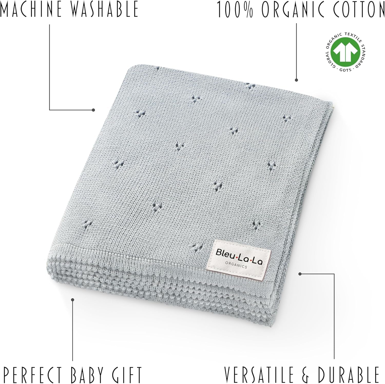 Organic Pointelle Receiving Swaddle Blanket for Boys - 100% Luxury Organic Soft Cotton Knit Warm Cozy Cuddle Stroller Crib Blanket for Newborns, Infants, & Toddlers (Powder Blue)